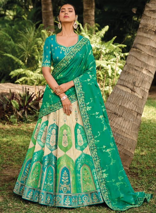 Green Banarasi Silk Embroidered Bridal Lehenga Choli