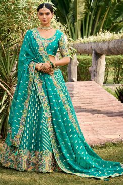 Firozi Weaved Silk Embroidered Bridal Lehenga Choli