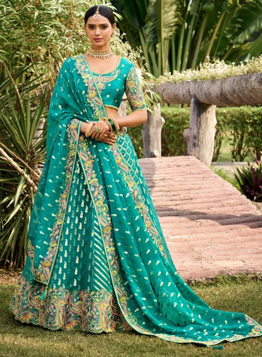 Firozi Weaved Silk Embroidered Bridal Lehenga Choli