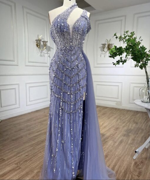 Elegant Cross Halter Neck Embellished Evening Gown With Split