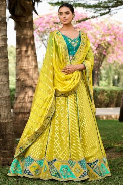 Lemon Weaved Silk Embroidered Bridal Lehenga Choli