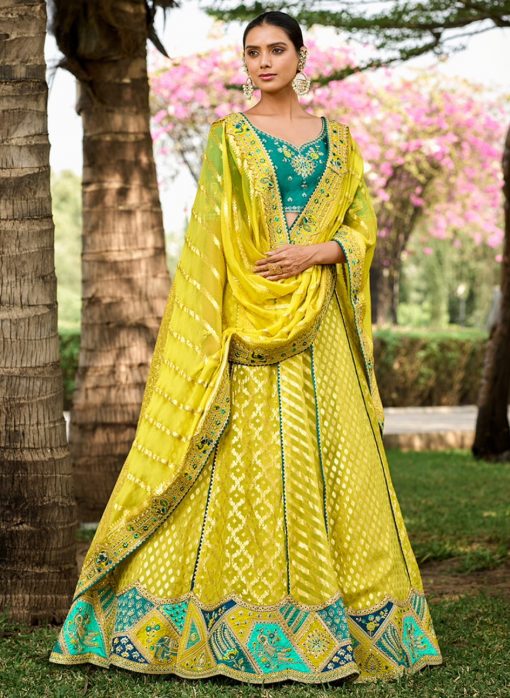 Lemon Weaved Silk Embroidered Bridal Lehenga Choli
