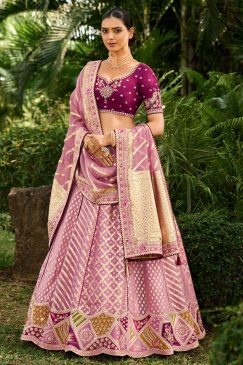 Plum Weaved Silk Embroidered Bridal Lehenga Choli
