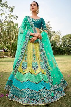 Multicoloured Jacquard Silk Embroidered Bridal Lehenga Choli