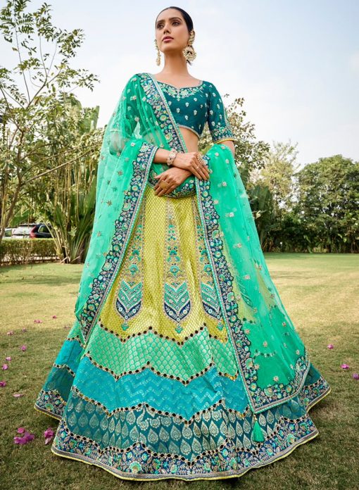 Multicoloured Jacquard Silk Embroidered Bridal Lehenga Choli