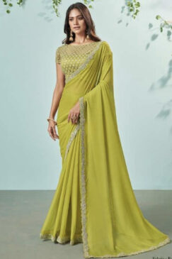 Yellow Crepe Chiffon Designer Saree
