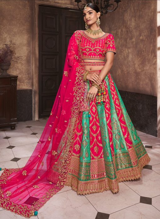 Pink & Green Banarasi Silk Heavy Embroidered Bridal Lehenga Choli