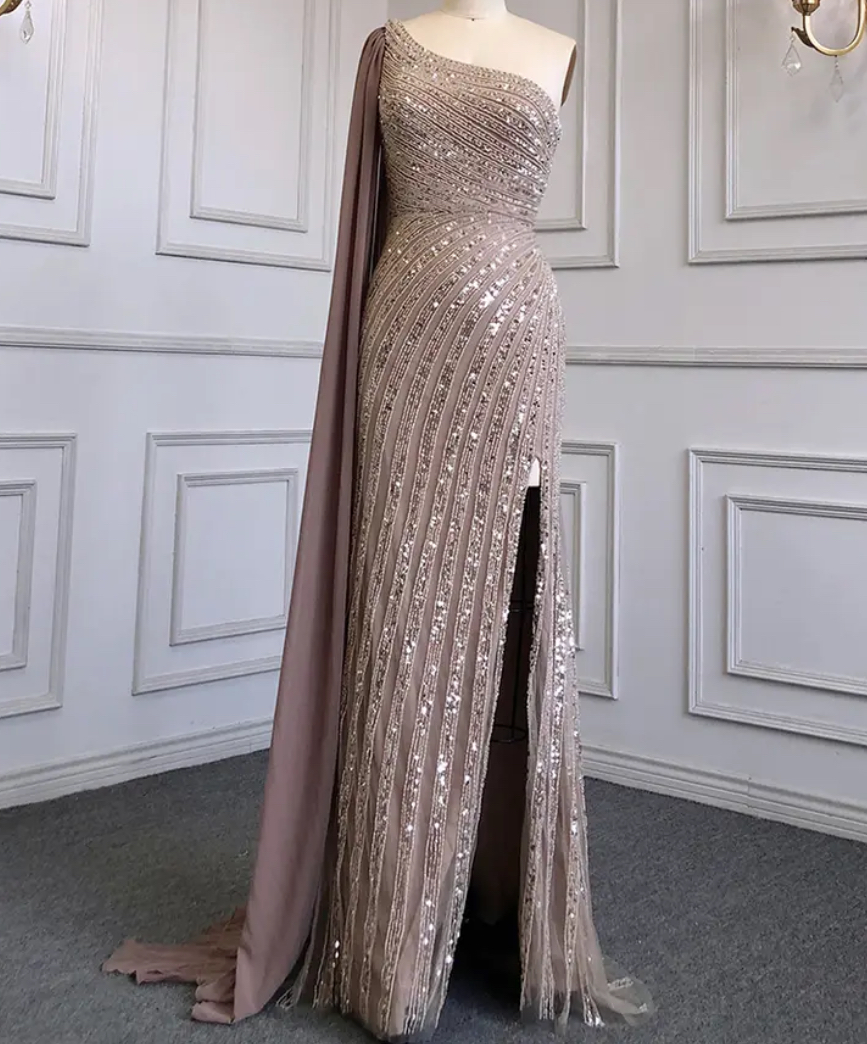 Gold Sheer Sleeve Beaded Evening Dress - Made To Order, Evening Dresses,  Party Wear Designer Collection