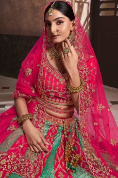 Alternative view of Pink & Green Banarasi Silk Heavy Embroidered Bridal Lehenga Choli