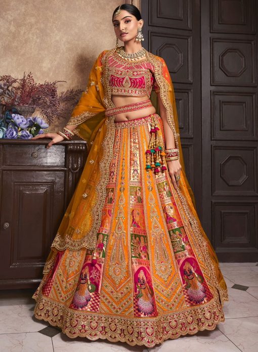 Orange Banarasi Silk Heavy Embroidered Bridal Lehenga Choli