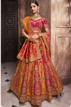 Orange Banarasi Silk Heavy Embroidered Bridal Lehenga Choli