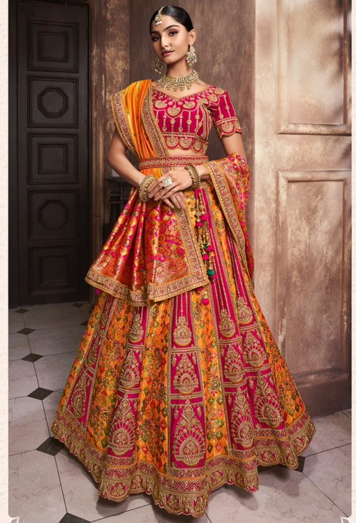 Orange Banarasi Silk Heavy Embroidered Bridal Lehenga Choli