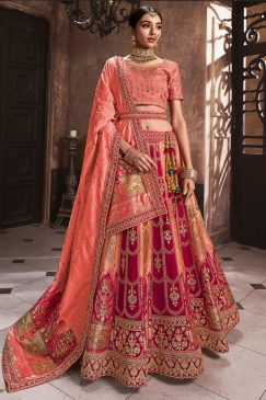 Peach Banarasi Silk Heavy Embroidered Bridal Lehenga Choli