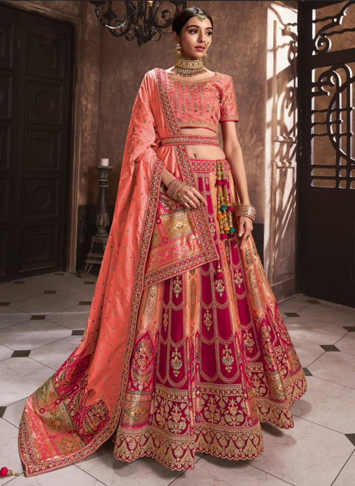 Peach Banarasi Silk Heavy Embroidered Bridal Lehenga Choli