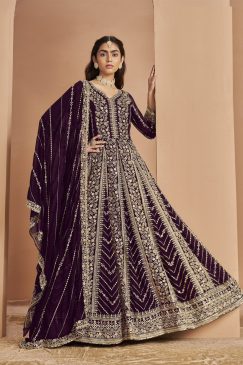 Buy Now Purple Color Beautiful Anarkali Dress For Your Wedding Function