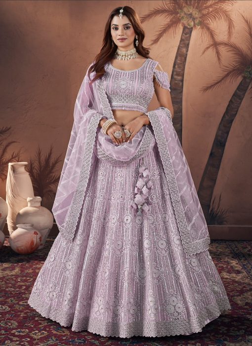Lavender Heavy Embroidered Net Bridal Lehenga Choli