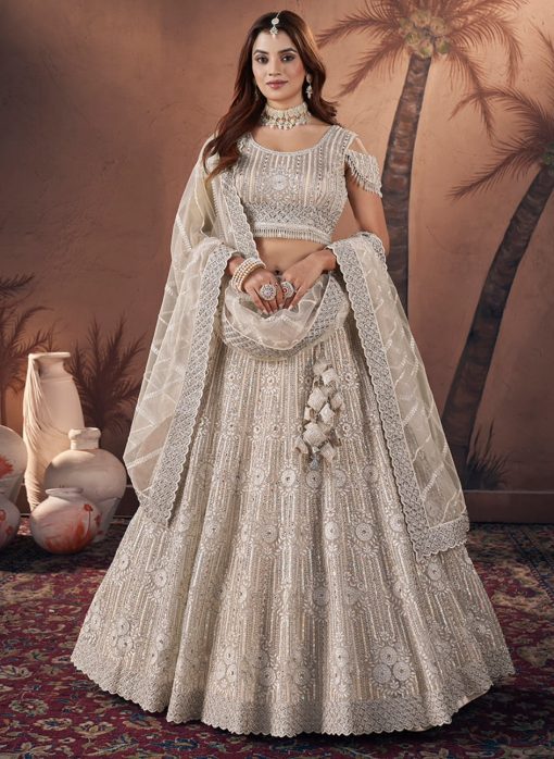 Beige Heavy Embroidered Net Bridal Lehenga Choli