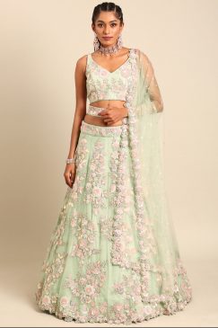Light Green Net Floral Embroidered Bridal Lehenga Choli