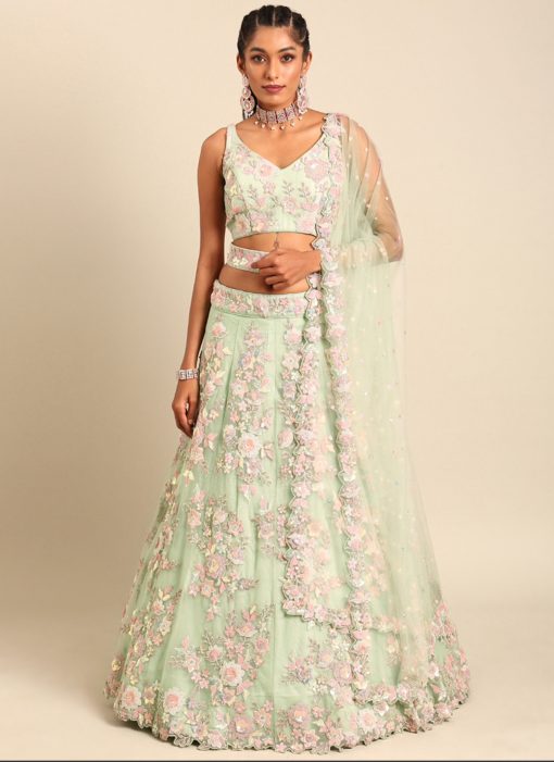 Light Green Net Floral Embroidered Bridal Lehenga Choli