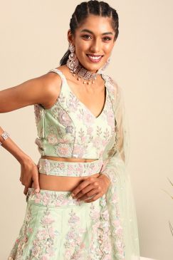 Alternative view of Light Green Net Floral Embroidered Bridal Lehenga Choli