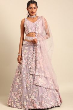 Mauve Net Floral Embroidered Bridal Lehenga Choli