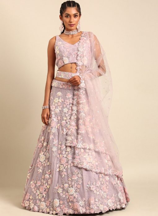 Mauve Net Floral Embroidered Bridal Lehenga Choli