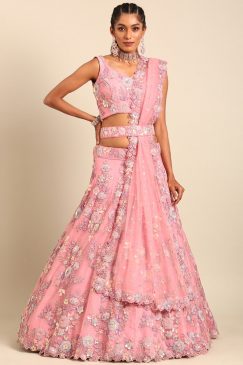 Pink Net Floral Embroidered Bridal Lehenga Choli