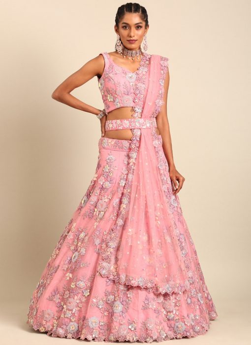 Pink Net Floral Embroidered Bridal Lehenga Choli