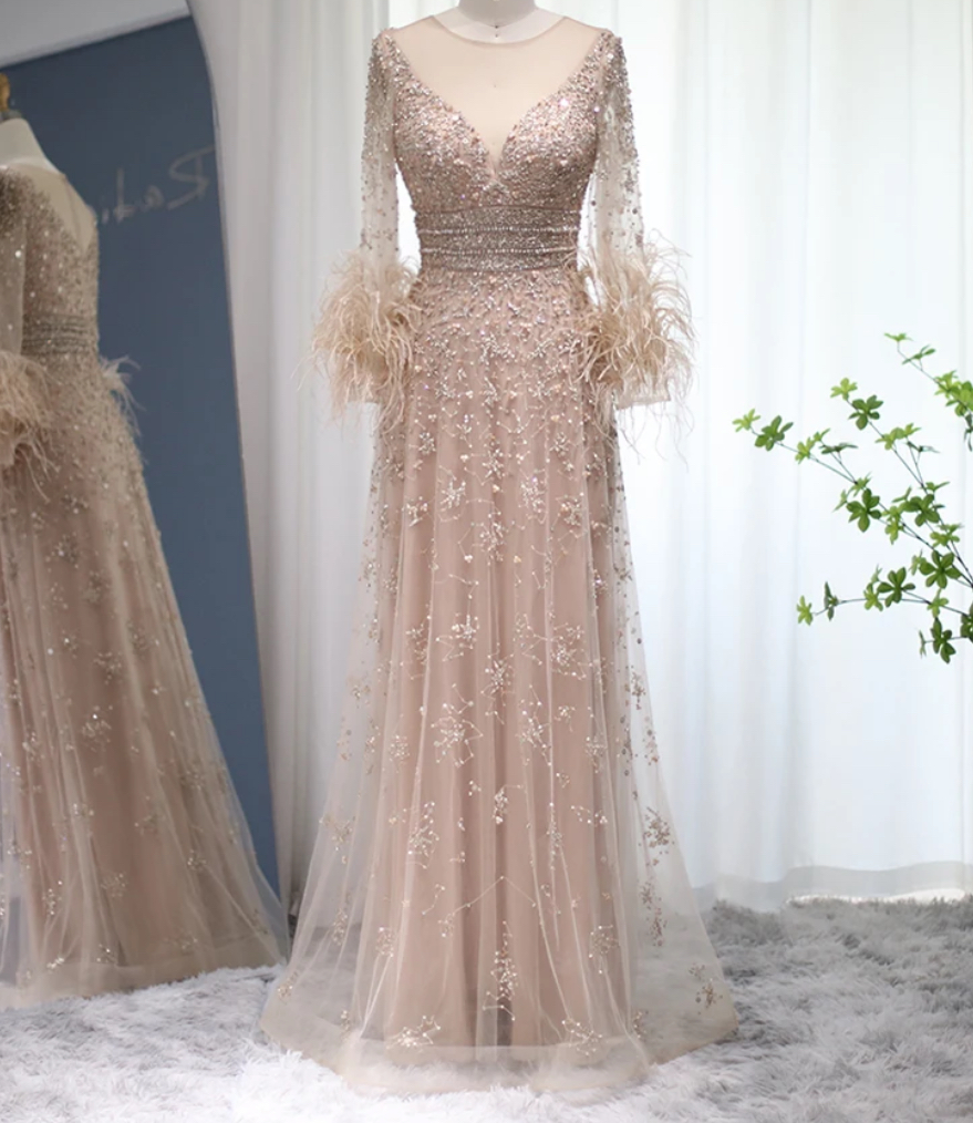 Luxury Feathered Sleeve Sequin Embellished Evening Bridal Party Dress