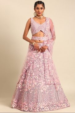 Mauve Net Floral Embroidered Bridal Lehenga Choli