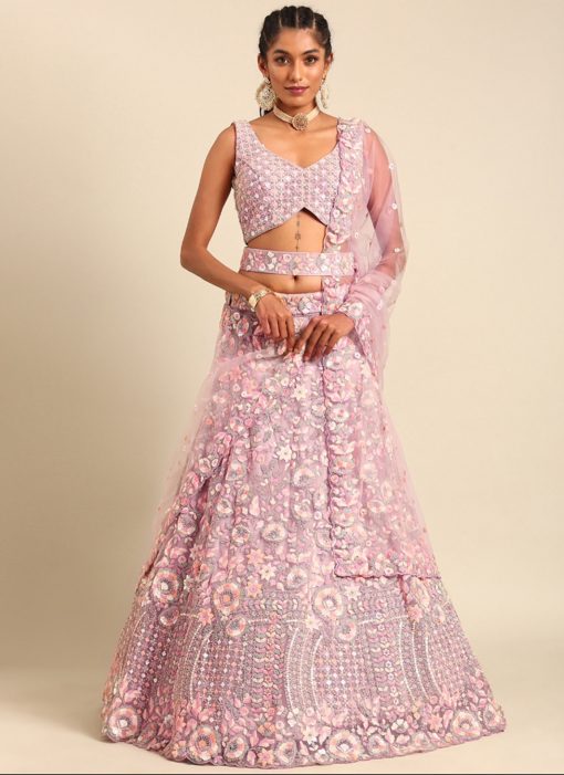 Mauve Net Floral Embroidered Bridal Lehenga Choli