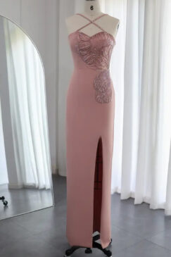 Pink Cross Strap Sequin Embellished Evening Party Dress