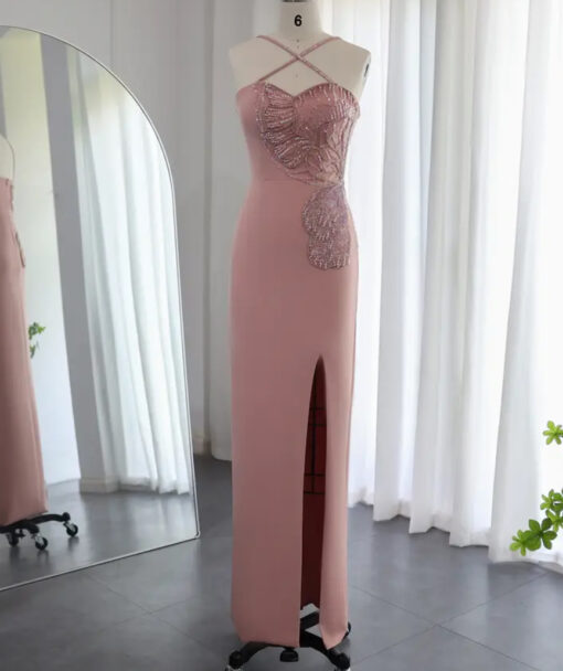 Pink Cross Strap Sequin Embellished Evening Party Dress
