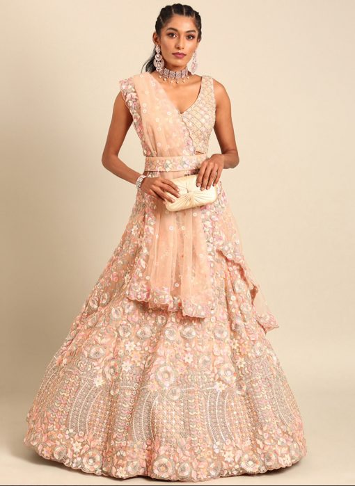 Peach Net Floral Embroidered Bridal Lehenga Choli