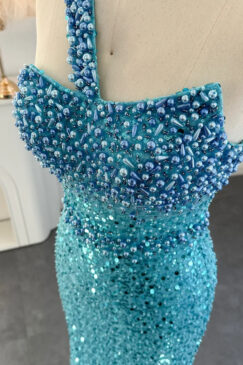 Alternative view of One Shoulder Turquoise Blue Sequin Embellished Evening Party Dress