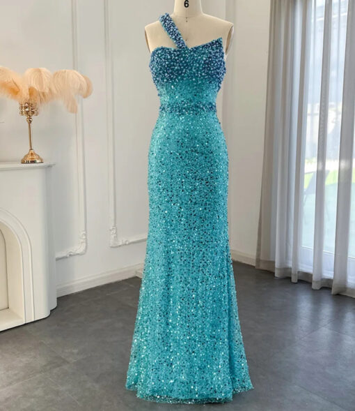 One Shoulder Turquoise Blue Sequin Embellished Evening Party Dress