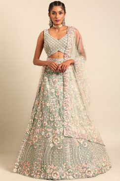 Mint Green Net Floral Embroidered Bridal Lehenga Choli
