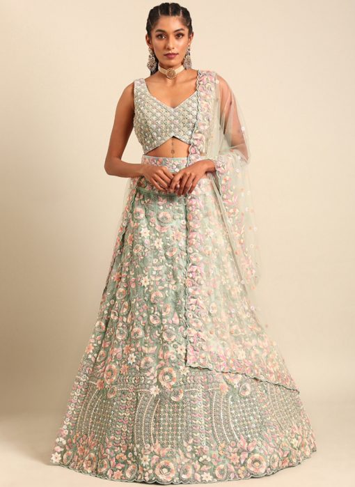 Mint Green Net Floral Embroidered Bridal Lehenga Choli