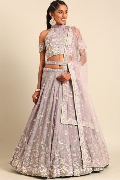 Mauve Georgette Floral Embroidered Bridal Lehenga Choli