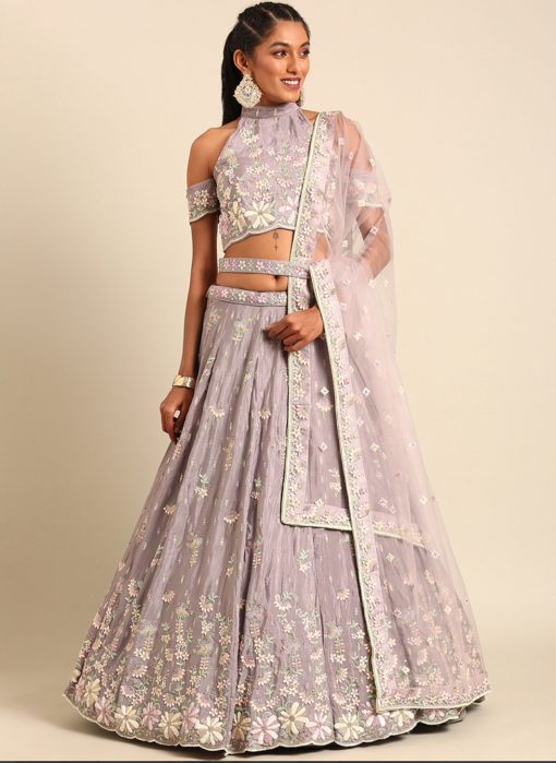 Mauve Georgette Floral Embroidered Bridal Lehenga Choli