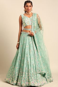 Sea Green Georgette Floral Embroidered Bridal Lehenga Choli