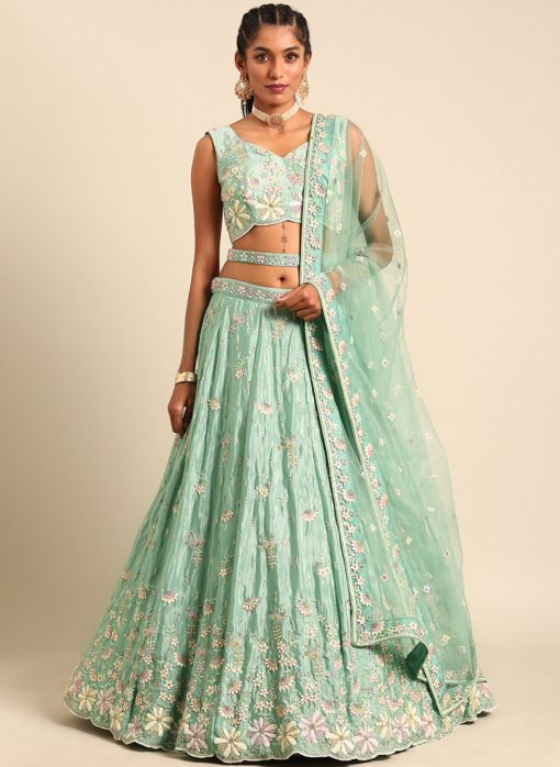 Sea Green Georgette Floral Embroidered Bridal Lehenga Choli