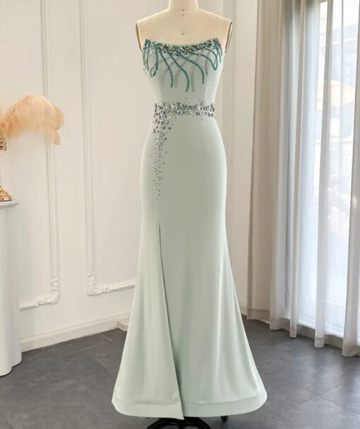 Strapless Turquoise Sequin Embellished Evening Gown