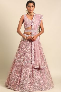 Mauve Net Floral Embroidered Bridal Lehenga Choli