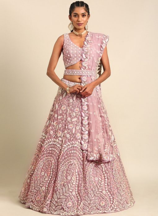 Mauve Net Floral Embroidered Bridal Lehenga Choli