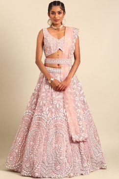 Pink Net Floral Embroidered Bridal Lehenga Choli