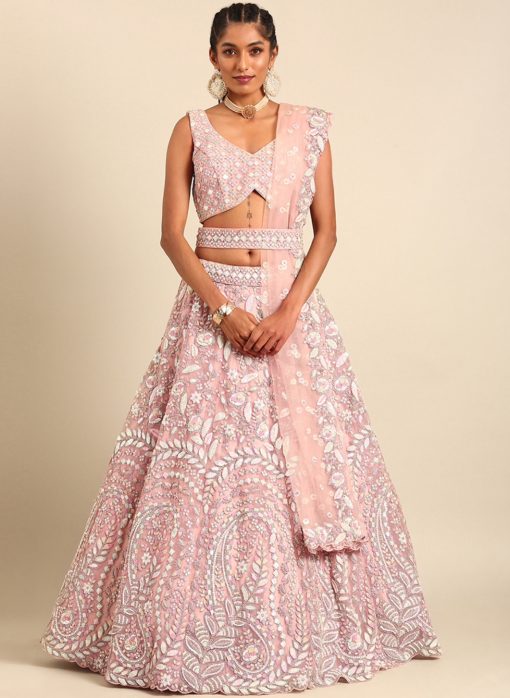 Pink Net Floral Embroidered Bridal Lehenga Choli