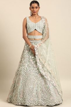 Light Green Net Floral Embroidered Bridal Lehenga Choli