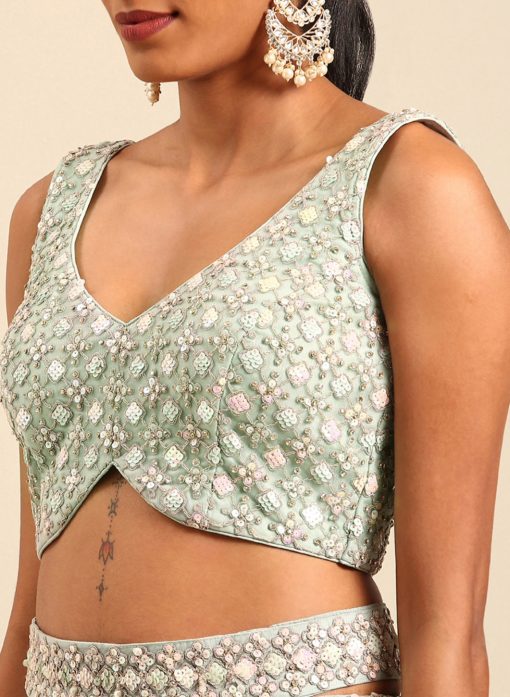 Traditional Olive Green Kalidar Embroidered Net Lehenga Choli