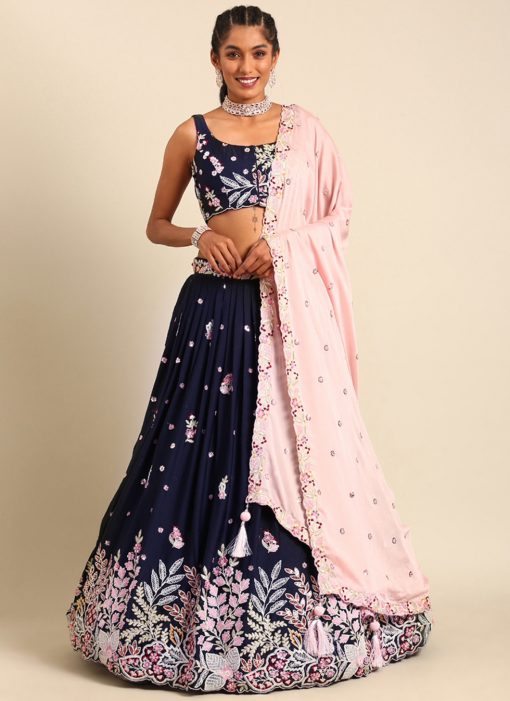 Navy Blue Georgette Floral Embroidered Sungeet Lehenga Choli